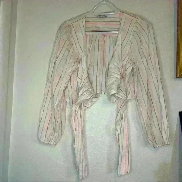 American Eagle Crop Tie Front Long Sleeve Stripe Linen Blend Top size Small - Picture 4 of 8